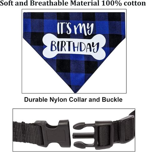 Dog Birthday Bandana Collar - It's My Birthday Adjustable Pet Scarf with Quick Release Buckle & D-Ring for Small Medium Large Dogs & Cats (Blue Plaid, Large) in Saudi Arabia