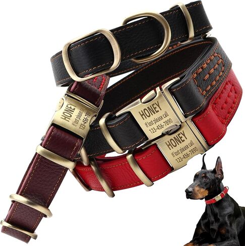 Personalized Dog Collars, Double-Layer Genuine Leather Dog Collar Engraved with Name and Phone Number for Small,Medium,Large Dogs in Saudi Arabia