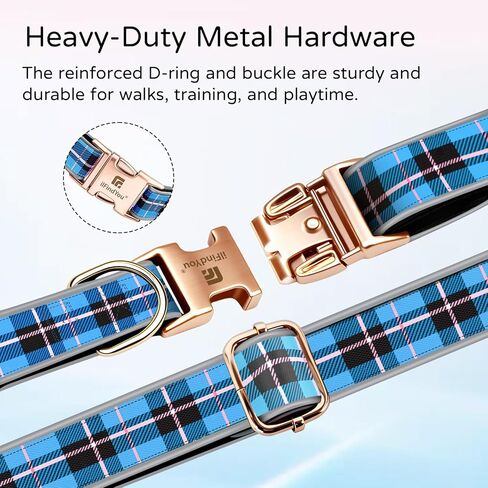 Dog Collar for Small Dogs, Stylish Rose Red Checkered Plaid, Elegant Reflective and Adjustable Puppy Collar with Metal Buckle, Suitable for Female Dogs S in Kuwait