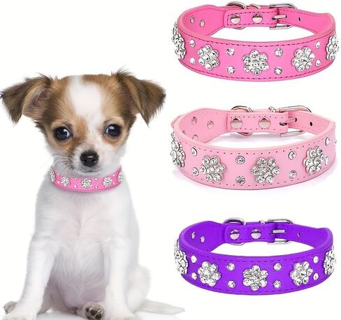 Rhinestone Dog Collar, Cute Flower Rhinestone Cat Dog Collar Bling Collar PU Leather Adjustable Sizes in Saudi Arabia