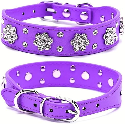 Rhinestone Dog Collar, Cute Flower Rhinestone Cat Dog Collar Bling Collar PU Leather Adjustable Sizes in Saudi Arabia