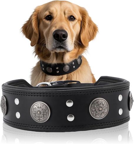طوق جلدي للكلاب، طوق كلب جلدي عريض قابل للتعديل مقاس 2 بوصة للكلاب الكبيرة، أطواق شديدة التحمل مقاومة للصدأ مع مشبك معدني للكلاب المتوسطة والكبيرة in Kuwait