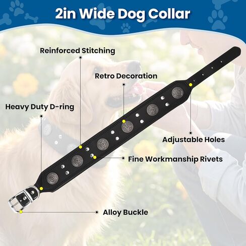 طوق جلدي للكلاب، طوق كلب جلدي عريض قابل للتعديل مقاس 2 بوصة للكلاب الكبيرة، أطواق شديدة التحمل مقاومة للصدأ مع مشبك معدني للكلاب المتوسطة والكبيرة in Kuwait
