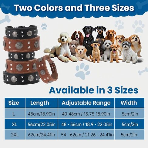 طوق جلدي للكلاب، طوق كلب جلدي عريض قابل للتعديل مقاس 2 بوصة للكلاب الكبيرة، أطواق شديدة التحمل مقاومة للصدأ مع مشبك معدني للكلاب المتوسطة والكبيرة in Kuwait