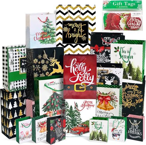 Party Funny 24 Christmas Gift Paper Bags Bulk with handles and 60 Count Christmas Gift Tags-Assorted sizes set for Wrapping Xmas Holiday Presents(6 Jumbo,6 Large,6 Medium,6 Small) in Kuwait
