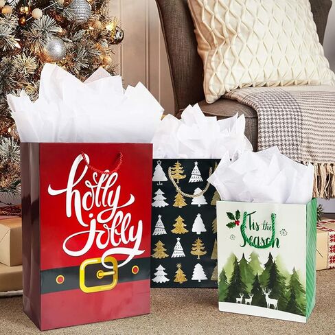 Party Funny 24 Christmas Gift Paper Bags Bulk with handles and 60 Count Christmas Gift Tags-Assorted sizes set for Wrapping Xmas Holiday Presents(6 Jumbo,6 Large,6 Medium,6 Small) in Kuwait