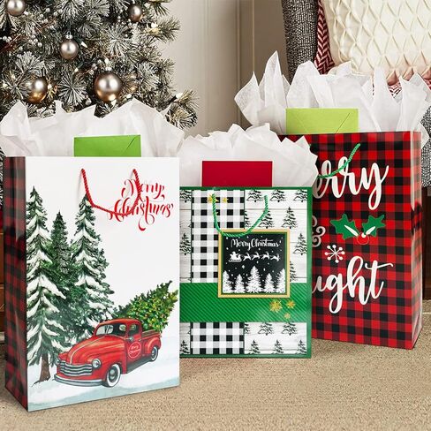 Party Funny 24 Christmas Gift Paper Bags Bulk with handles and 60 Count Christmas Gift Tags-Assorted sizes set for Wrapping Xmas Holiday Presents(6 Jumbo,6 Large,6 Medium,6 Small) in Kuwait