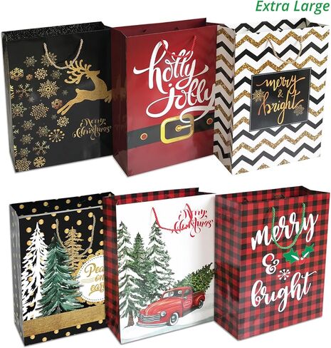 Party Funny 24 Christmas Gift Paper Bags Bulk with handles and 60 Count Christmas Gift Tags-Assorted sizes set for Wrapping Xmas Holiday Presents(6 Jumbo,6 Large,6 Medium,6 Small) in Kuwait