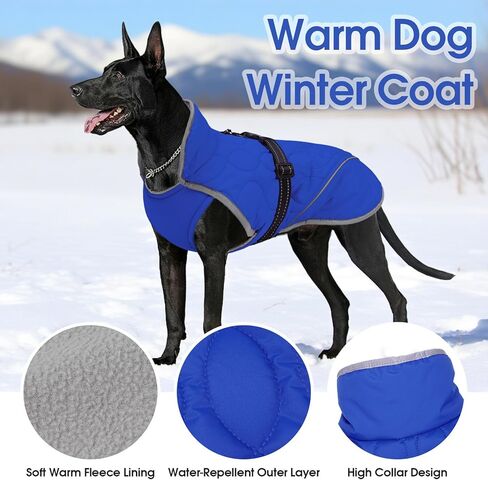 IDOMIK Dog Winter Jacket, Adjustable Waterproof Dog Warm Coat with Fleece Lining, Turtleneck Windproof Cold Weather Coats for Winter, Reflective Warm Snow Jacket for Great Dane Rottweiler,Blue,3XL in Kuwait