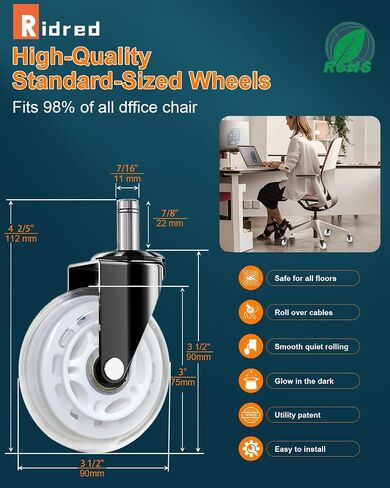 RidRed Office Chair Wheels Replacement Heavy Duty 2 Inch Roller Blade Wheels for Carpet Hardwood Floors,Support 2000 LB, Rubber Rollerblade Desk Chair Casters, Standard Stem Universal Fit, Set of 5 in Saudi Arabia