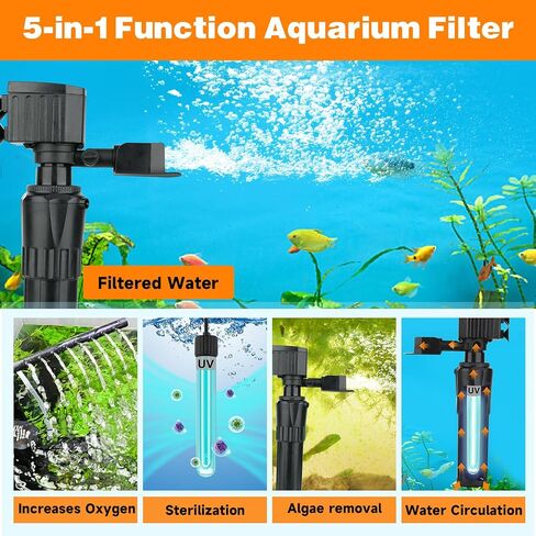 hygger Aquarium Filter U-V for 10-40 Gallon Tank, Submersible Internal Fish Tank Filter for Green Water and Algae Clean, 12W Power Pump with Adjustable Air Supply System for Saltwater Freshwater in Saudi Arabia