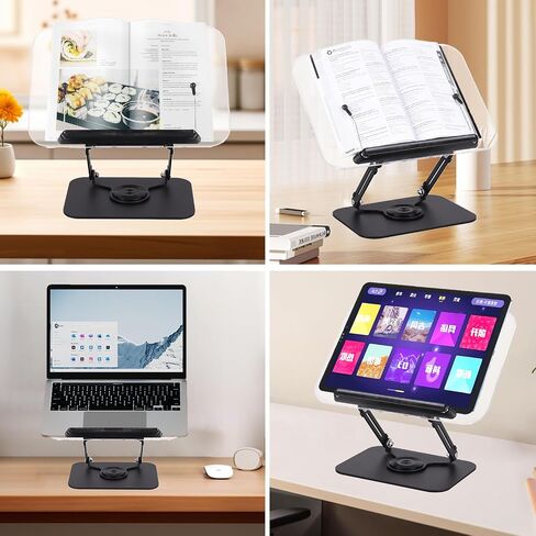 ASIEIT Book Stand for Reading with Storage, Acrylic Adjustable Book Holder with 360° Rotating Bases & Elastic Page Clips, Foldable Desktop Riser for Bible, Laptop, Recipe, Textbook in Saudi Arabia
