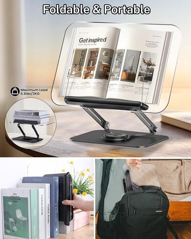 ASIEIT Book Stand for Reading with Storage, Acrylic Adjustable Book Holder with 360° Rotating Bases & Elastic Page Clips, Foldable Desktop Riser for Bible, Laptop, Recipe, Textbook in Saudi Arabia