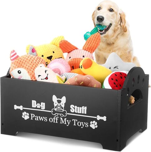 سلة صناديق ألعاب الكلاب الخشبية من Marsui مع مقبض، صندوق تخزين كبير لأشياء الكلاب، منظم لطيف لأشياء الحيوانات الأليفة للمضغ، والبطانيات، والمقاود، وهدية الطعام لمنطقة غرفة المعيشة (أسود، 13.78 بوصة) in Kuwait