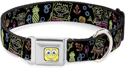 Dog Collar Seatbelt Buckle Electric Spongebob Poses Elements Black Multi Color 18 to 32 Inches 1.5 Inch Wide in Saudi Arabia