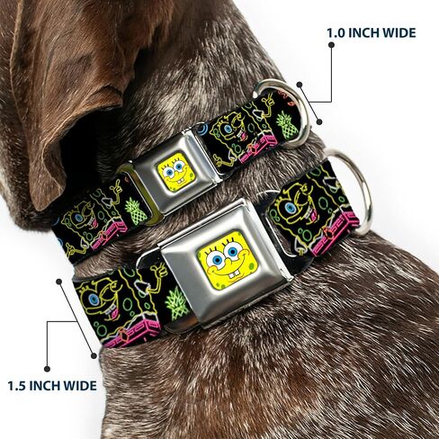 Dog Collar Seatbelt Buckle Electric Spongebob Poses Elements Black Multi Color 18 to 32 Inches 1.5 Inch Wide in Saudi Arabia