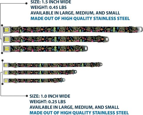 Dog Collar Seatbelt Buckle Electric Spongebob Poses Elements Black Multi Color 18 to 32 Inches 1.5 Inch Wide in Saudi Arabia