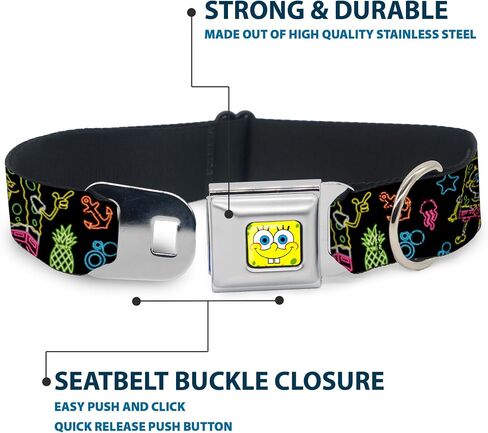 Dog Collar Seatbelt Buckle Electric Spongebob Poses Elements Black Multi Color 18 to 32 Inches 1.5 Inch Wide in Saudi Arabia