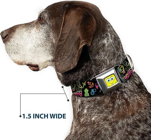 Dog Collar Seatbelt Buckle Electric Spongebob Poses Elements Black Multi Color 18 to 32 Inches 1.5 Inch Wide in Saudi Arabia