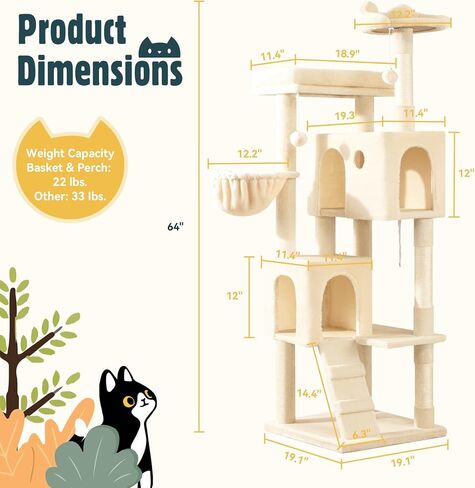 HOOMIC 64 in Cat Tree Tower for Indoor Cat/Large Multi-Level Pet Activity Center/Cozy Plush Perches/Rest Condo House/Baskets and Hammock/Sisal Scratching Posts/Leopard Print in Saudi Arabia
