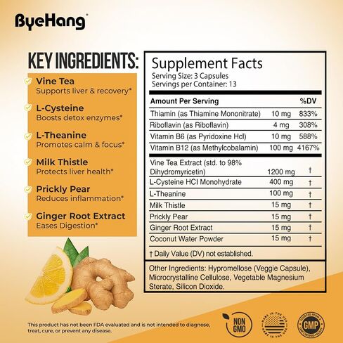 ByeHang After Alcohol Vitamin/Dihydromyricetin (DHM), Cysteine, Milk Thistle, B Vitamins, Prickly Pear, Ginger, L-theanine/Pharmacist Formulated/13 Doses in Saudi Arabia
