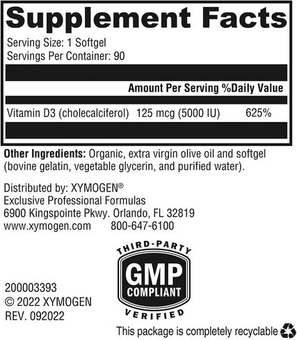 XYMOGEN D3 5000 - Bioavailable Vitamin D3 5000 IU (125 mcg) - High Potency Vitamin D Supplement to Support Immune Health, Bone + Heart Health (90 Gelatin Softgels) in Saudi Arabia
