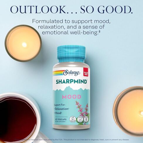 ملحق دعم الحالة المزاجية Solaray SharpMind، منشط الذهن للاسترخاء وتخفيف التوتر، زيمبرين، الريحان المقدس، أوروتات الليثيوم 5 ملغ، فطر الريشي العضوي، ضمان 60 يومًا، 30 وجبة، 30 كبسولة نباتية in Kuwait