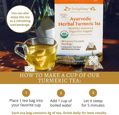 شاي الزنجبيل والكركم العضوي من DelightTeas | شاي الكركم العشبي ذو الأوراق الفضفاضة من الأيورفيدا لدعم المفاصل والمناعة والجهاز الهضمي | غير معدل وراثيًا، خالي من الكافيين، غير محلى | 75 حصة، 6 أونصة. in Saudi Arabia