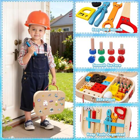 مجموعة أدوات أطفال Goodfuns للأطفال الصغار، 55 قطعة من أدوات البناء الخشبية مع صندوق أدوات، ألعاب تعلم البناء الجذعية التعليمية، مجموعات أدوات الأطفال لعمر 3 4 5 6 7 8 9 10 سنوات هدية عيد ميلاد للأولاد والبنات in Kuwait