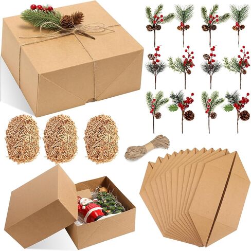 Cholemy 25 Pcs Kraft Gift Boxes Set Includes 12 Pcs 8 x 8 x 4 Inch Brown Paper Gift Boxes 12 Pcs Artificial Pine Picks and 98.4 Feet Twine for Christmas Birthday Wedding Bridesmaid Proposal Boxes in Kuwait