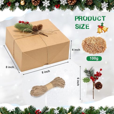 Cholemy 25 Pcs Kraft Gift Boxes Set Includes 12 Pcs 8 x 8 x 4 Inch Brown Paper Gift Boxes 12 Pcs Artificial Pine Picks and 98.4 Feet Twine for Christmas Birthday Wedding Bridesmaid Proposal Boxes in Kuwait