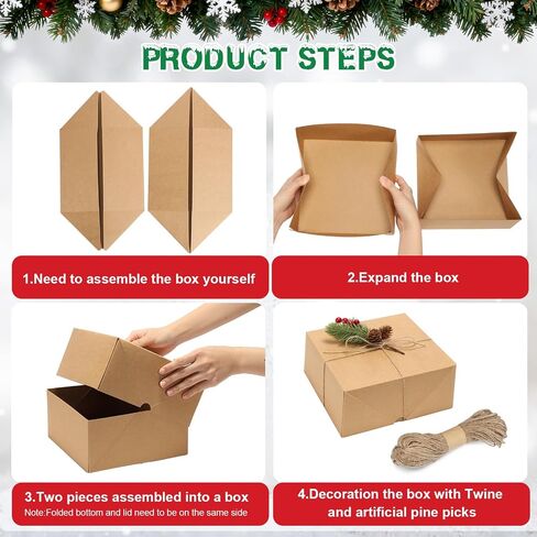 Cholemy 25 Pcs Kraft Gift Boxes Set Includes 12 Pcs 8 x 8 x 4 Inch Brown Paper Gift Boxes 12 Pcs Artificial Pine Picks and 98.4 Feet Twine for Christmas Birthday Wedding Bridesmaid Proposal Boxes in Kuwait