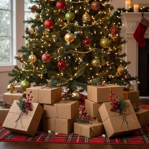 Cholemy 25 Pcs Kraft Gift Boxes Set Includes 12 Pcs 8 x 8 x 4 Inch Brown Paper Gift Boxes 12 Pcs Artificial Pine Picks and 98.4 Feet Twine for Christmas Birthday Wedding Bridesmaid Proposal Boxes in Kuwait