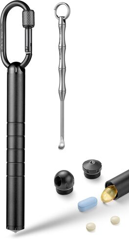 تيسور حافظة حبوب الدواء بسلسلة مفاتيح، منظم حبوب صغير من التيتانيوم، حامل حبوب مقاوم للماء، حاوية حبوب دواء اي دي سي، انبوب معدني للتخييم والسفر للرجال والنساء (حاوية حبوب صغيرة بلون اسود) in Kuwait