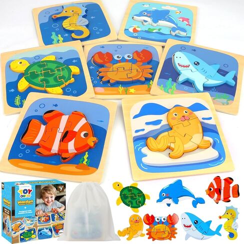 TOY Life Wooden Puzzles for Toddlers 1-3, 7 Pack Dinosaur Puzzle for Kid Age 1-3, Dinosaur Toys for Kids, Montessori Toys for Kids Birthday Gifts for 1 2 3 + Year Old Boys Girls in Saudi Arabia