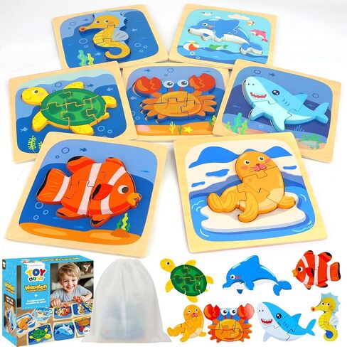 TOY Life Wooden Puzzles for Toddlers 1-3, 7 Pack Dinosaur Puzzle for Kid Age 1-3, Dinosaur Toys for Kids, Montessori Toys for Kids Birthday Gifts for 1 2 3 + Year Old Boys Girls in Saudi Arabia