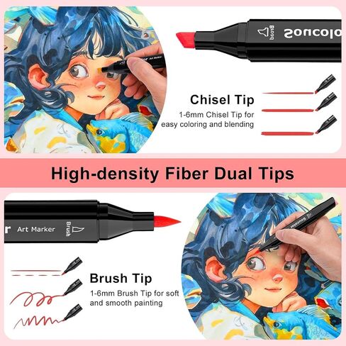 Soucolor Alcohol Markers, 131 Dual Tip Permanent Artist Art Markers for Adult Coloring, Sketching and Illustrations, with Case for Easy Storage, Alcohol Based Markers for Book Painting and Card Making in Saudi Arabia