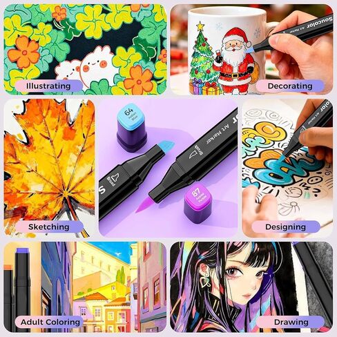 Soucolor Alcohol Markers, 131 Dual Tip Permanent Artist Art Markers for Adult Coloring, Sketching and Illustrations, with Case for Easy Storage, Alcohol Based Markers for Book Painting and Card Making in Saudi Arabia