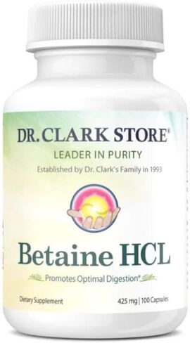 Dr. Clark Betaine HCL Digestive Enzymes - Acid Reflux Medicine, Hydrochloric Acid Protein Supplement, Optimal Digestion Formula, 100 Gelatin Capsules, 425 mg in Saudi Arabia