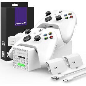 فوسمون شاحن ذراع تحكم مزدوج لجهاز Xbox One، One X، One S (فتحة مزدوجة) قاعدة شحن عالية السرعة مع 2 بطارية قابلة لاعادة الشحن - متوافقة مع وحدة تحكم اليت (ابيض) in Kuwait