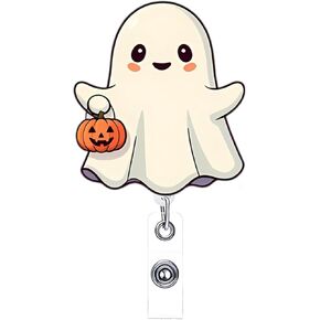 Cute Ghost Badge Reel Acrylic Retractable Halloween Badge Clip with 360° Rotating ID Card Holder Ghost Holding Pumpkin Badge Reel Designs Halloween Spooky ID Badge Holder for Nurses, Doctors in Kuwait