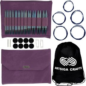 Lykke Blush 5-Inch (13cm) Interchangeable Circular Knitting Needle Set Birchwood US Sizes 4, 5, 6, 7, 8, 9, 10, 10.5, 11, 13, 15, & 17 Includes Fuchsia Case Bundle with Artsiga Crafts Project Bag in Kuwait