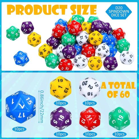 60 Pieces D20 Polyhedral Dice Set 20mm Large 20 Sided Pearl Mixed Color Game Dice Assortment Spin Down D20 Set for RPG, Table Games Fantasy Warrior Mage Accessories(Retro Color) in Saudi Arabia
