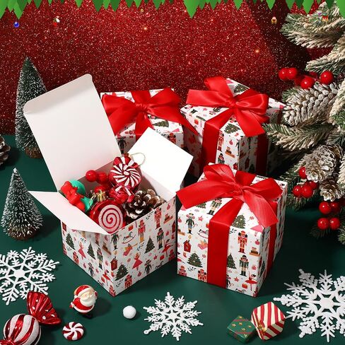 Sabary 25 Pcs Christmas Red Gift Boxes with Lids 4 x 4 x 4 Inches Candy Design Christmas Kraft Gift Boxes with Red Ribbons Small Present Box for Christmas Wedding Party Favor Birthday in Kuwait