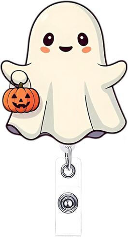 Cute Ghost Badge Reel Acrylic Retractable Halloween Badge Clip with 360° Rotating ID Card Holder Ghost Holding Pumpkin Badge Reel Designs Halloween Spooky ID Badge Holder for Nurses, Doctors in Kuwait