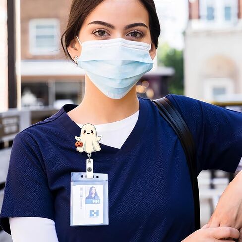 Cute Ghost Badge Reel Acrylic Retractable Halloween Badge Clip with 360° Rotating ID Card Holder Ghost Holding Pumpkin Badge Reel Designs Halloween Spooky ID Badge Holder for Nurses, Doctors in Kuwait