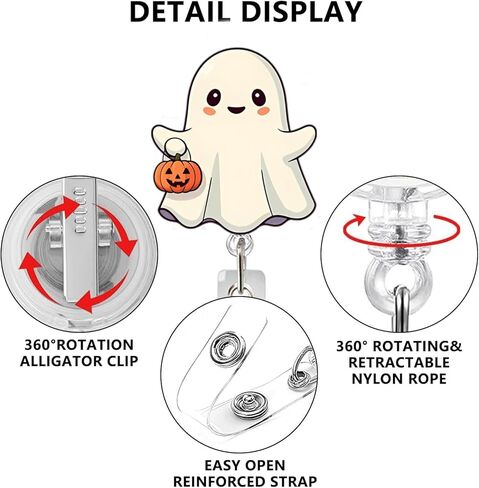 Cute Ghost Badge Reel Acrylic Retractable Halloween Badge Clip with 360° Rotating ID Card Holder Ghost Holding Pumpkin Badge Reel Designs Halloween Spooky ID Badge Holder for Nurses, Doctors in Kuwait