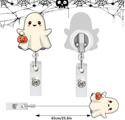Cute Ghost Badge Reel Acrylic Retractable Halloween Badge Clip with 360° Rotating ID Card Holder Ghost Holding Pumpkin Badge Reel Designs Halloween Spooky ID Badge Holder for Nurses, Doctors in Kuwait