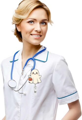 Cute Ghost Badge Reel Acrylic Retractable Halloween Badge Clip with 360° Rotating ID Card Holder Ghost Holding Pumpkin Badge Reel Designs Halloween Spooky ID Badge Holder for Nurses, Doctors in Kuwait