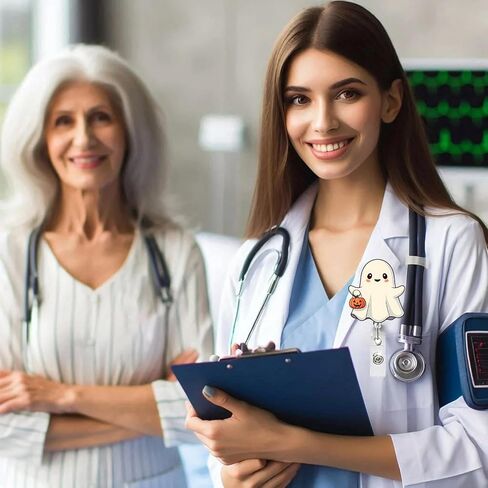 Cute Ghost Badge Reel Acrylic Retractable Halloween Badge Clip with 360° Rotating ID Card Holder Ghost Holding Pumpkin Badge Reel Designs Halloween Spooky ID Badge Holder for Nurses, Doctors in Kuwait